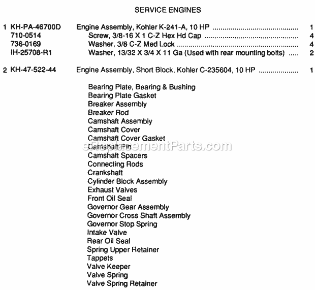 Service Engines Diagram and Parts List for 104  Cub Cadet Lawn Tractor